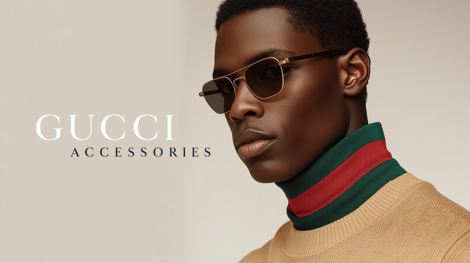 Editorial banner featuring luxury Gucci accessories